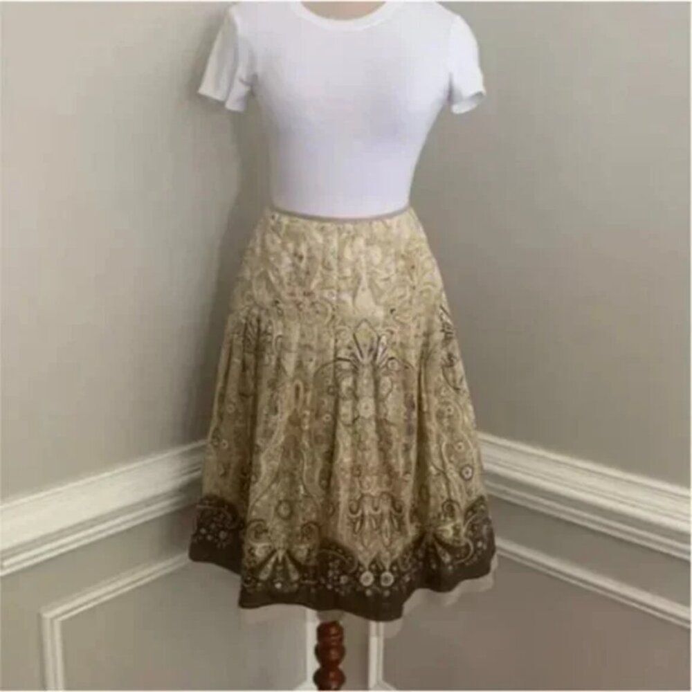 Talbots Paisley Pleated Full Skirt Brown and Tan Size 6P